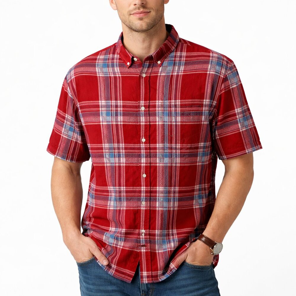 Jachs New York Thar Indigo Classic Fit SS Shirt Plaid Blue White Red Mens XL